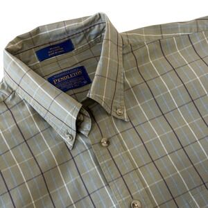 Pendleton Mens Large Olive Green Plaid Cotton Button Down Shirt Long Sleeve L